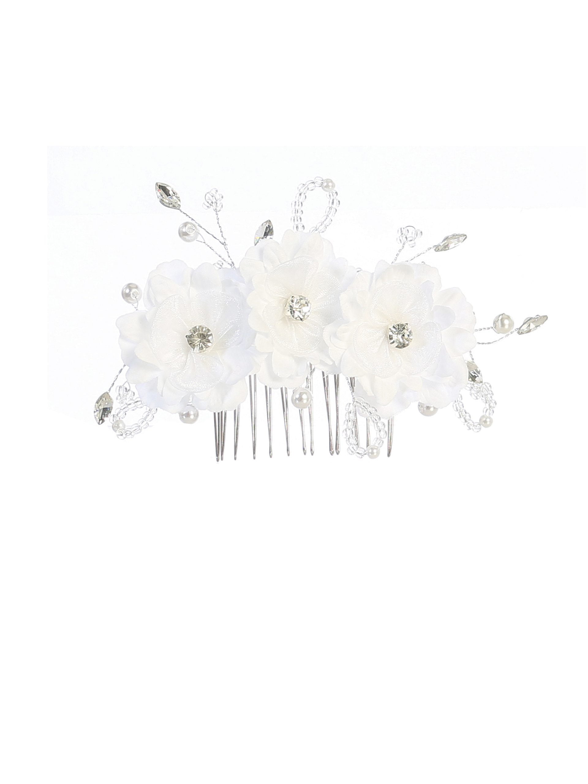 135_12 Girls Communion Floral Hair Comb with white flowers, crystal centers, and pearls