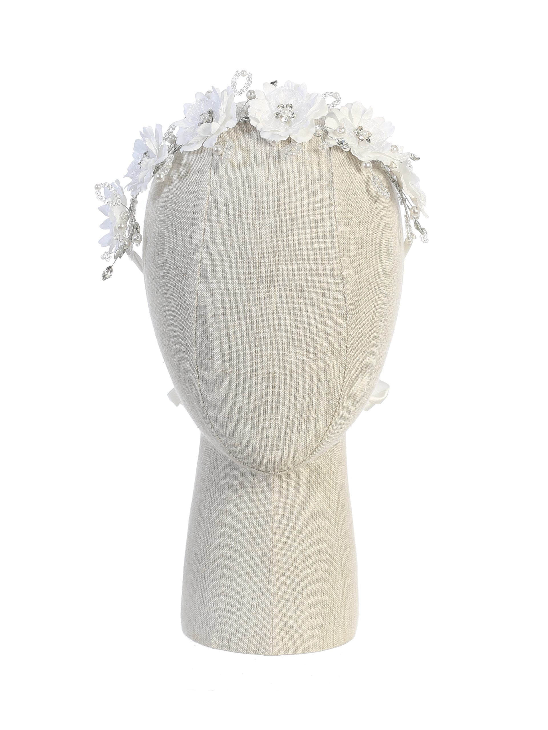 136_1 Girls Communion Crystal Flower Crown with white flowers and crystal accents displayed on mannequin.