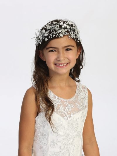 Girl wearing a sparkling crystal flower crown for weddings.