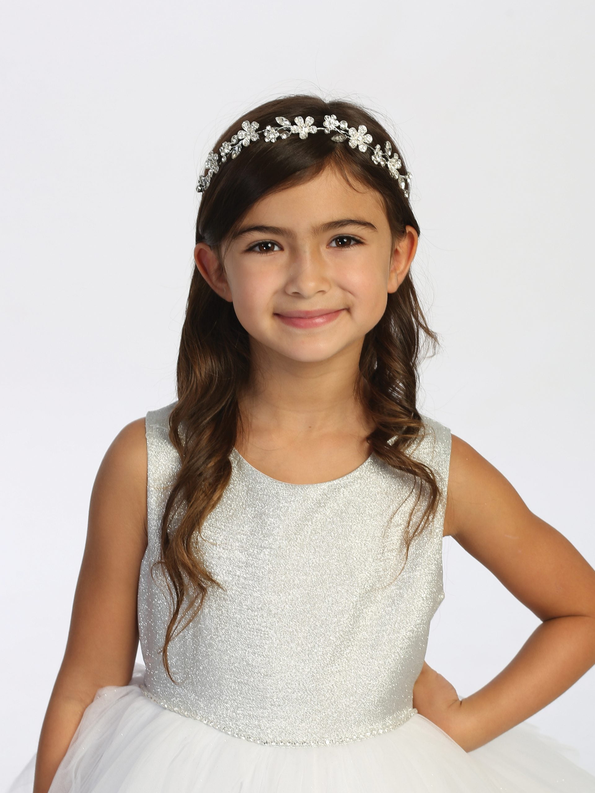 153_1 Girl wearing a rhinestone flower crown for weddings or communion.