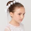 HOPE 1 Girls Communion Flower Crown with small white flowers, pearls, and ribbon bow.