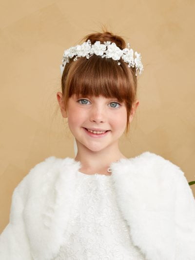 Girls Communion Floral Hair Band Crown with pearls and ribbon bow