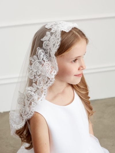 girls communion lace veil with floral lace trim