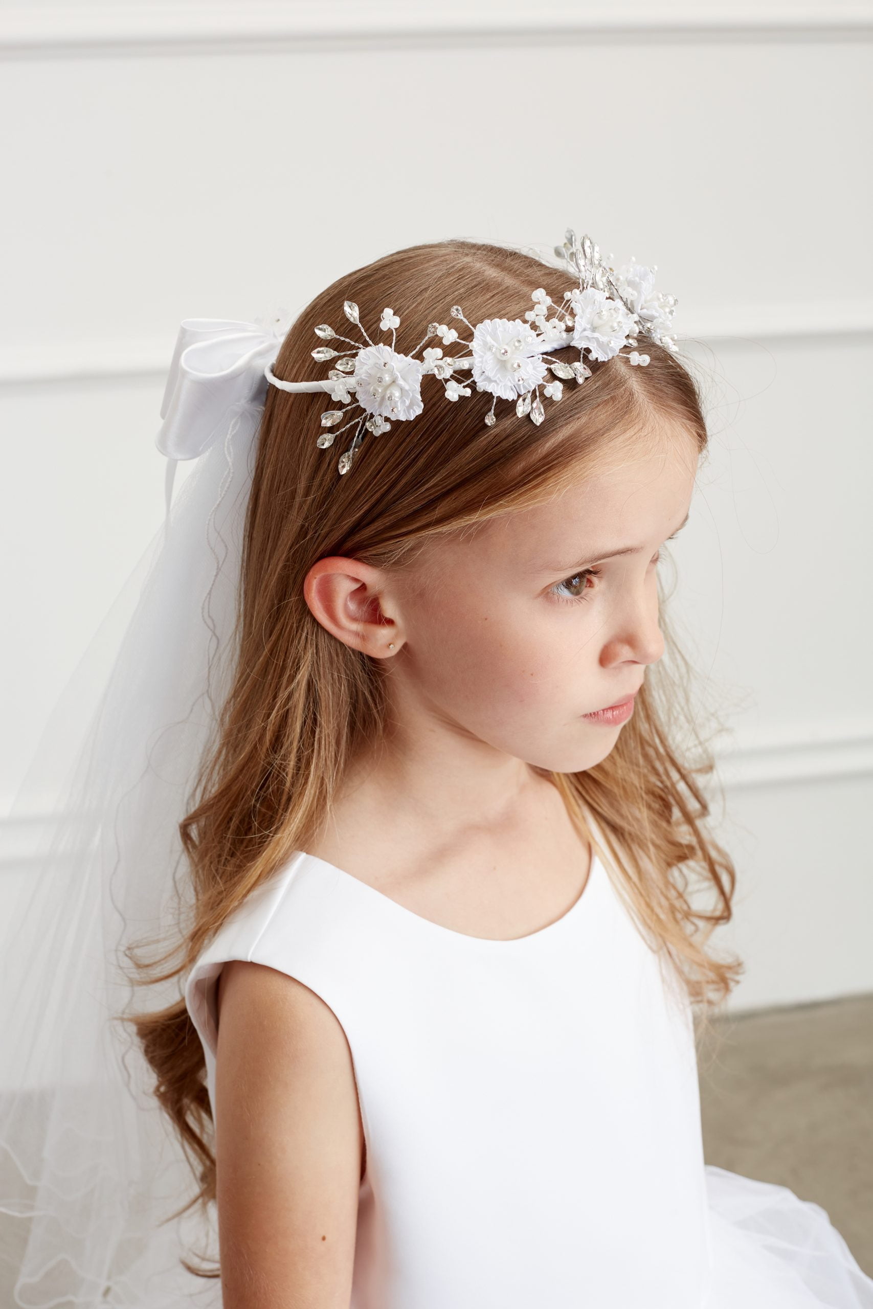 707c Girls communion hair accessories floral crown with white veil and bow.