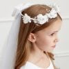 MAE 3 Girls communion veil floral crown with white flowers and pearls.