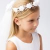 Girls communion veil flower crown with white floral accents.