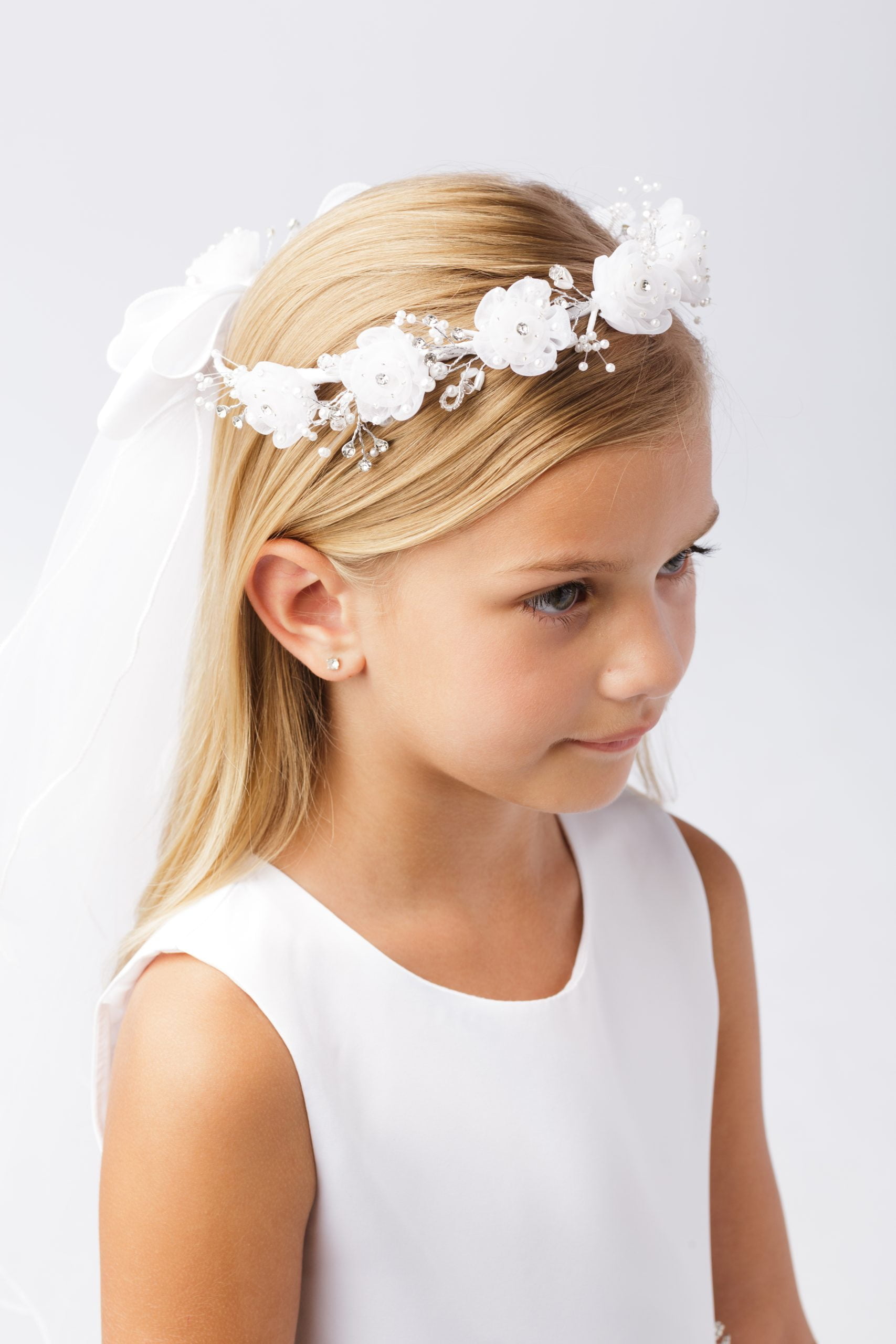 715M Girls communion veil flower crown with white floral accents.