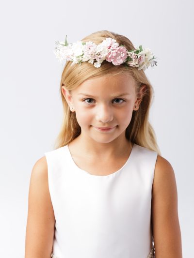 Girls communion flower crown with pink and white flowers and green leaves