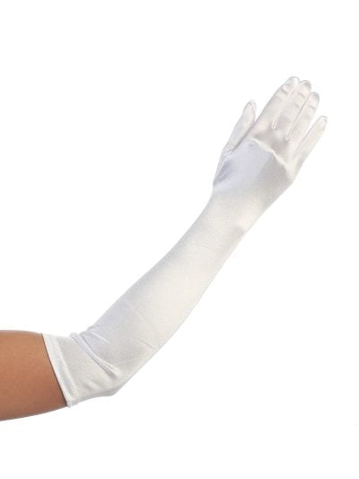 Elegant long white satin girls gloves, perfect for communion, weddings, ballet, or formal occasions.