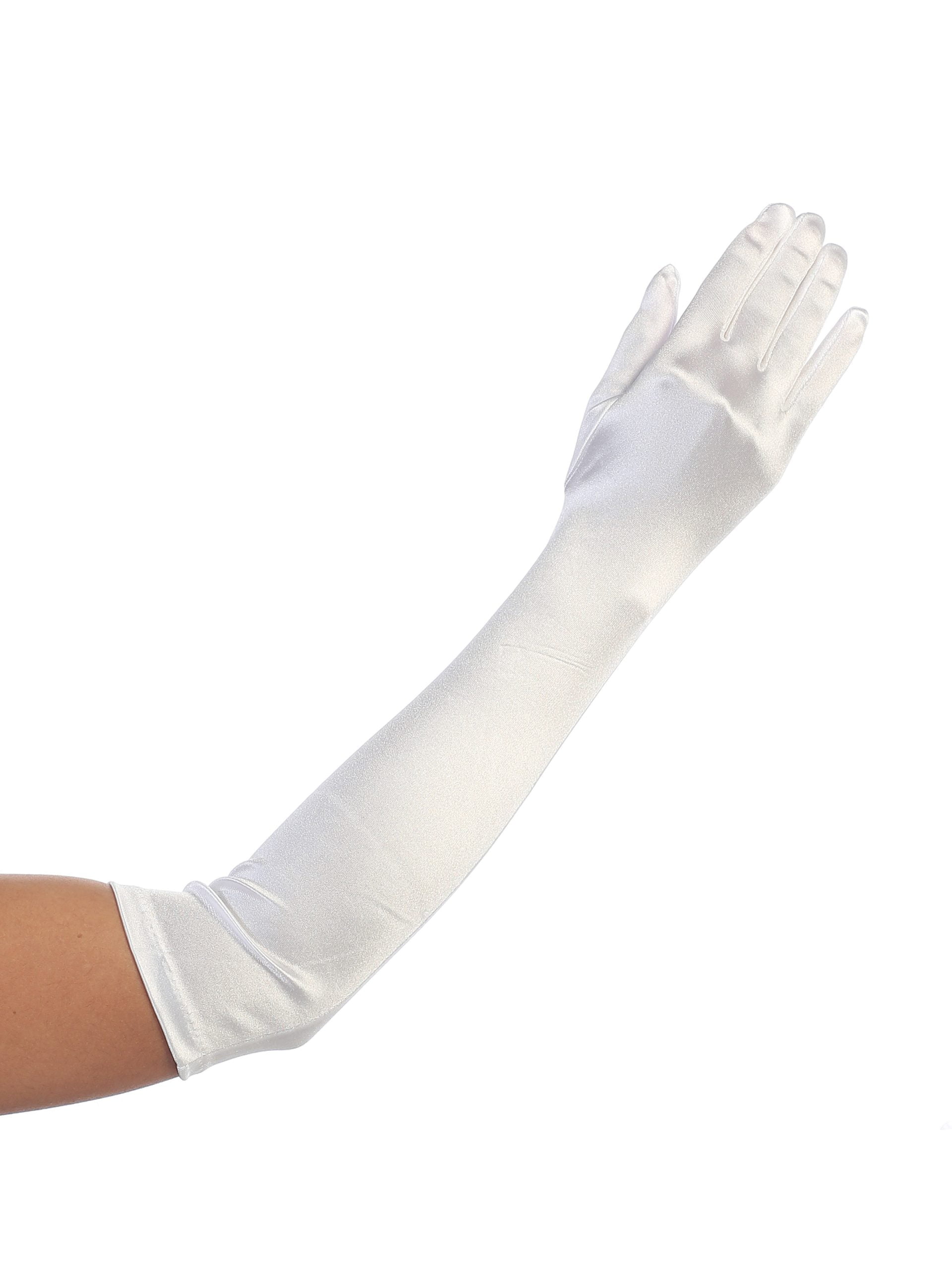 12BL Elegant long white satin girls gloves, perfect for communion, weddings, ballet, or formal occasions.