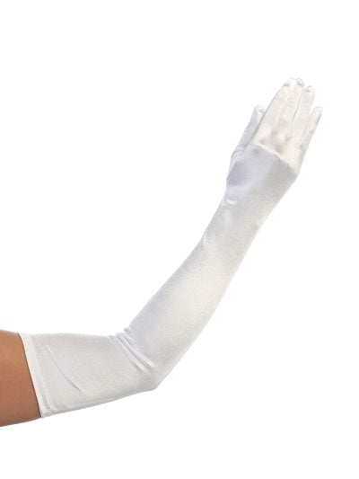 Elegant extra long girls gloves in white satin, perfect for weddings, communions, or formal occasions.