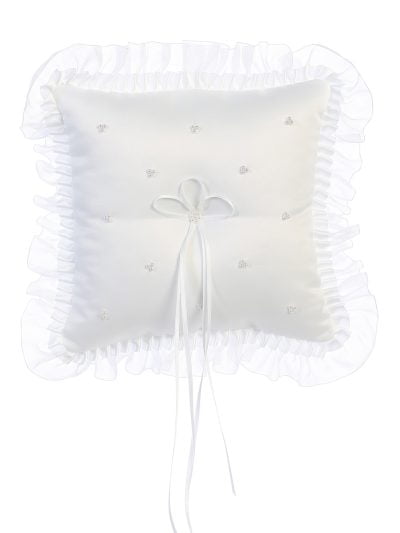 Elegant wedding ring pillow satin with pearl accents and ruffle trim, perfect for weddings and bridal ceremonies.