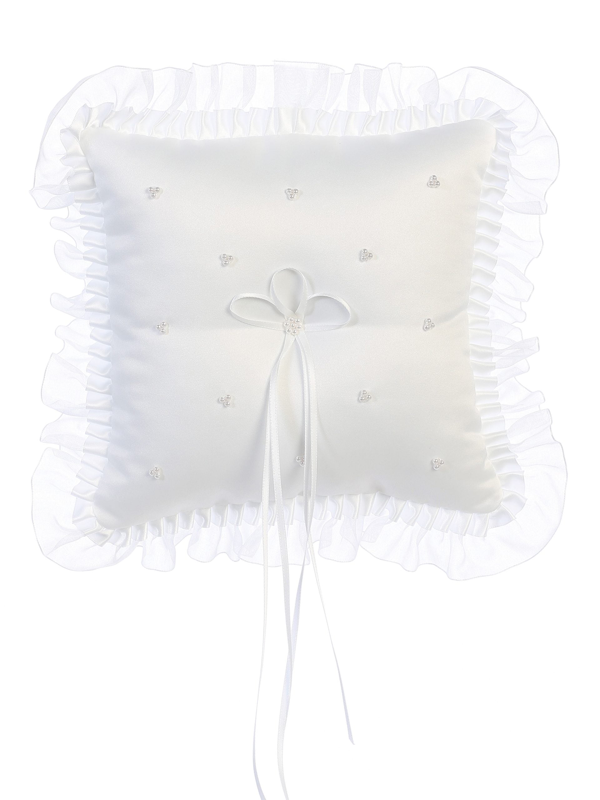 209 Elegant wedding ring pillow satin with pearl accents and ruffle trim, perfect for weddings and bridal ceremonies.