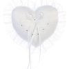 Heart-shaped wedding ring pillow satin with ruffle trim, ribbon bow, and delicate embroidery, perfect for wedding ceremonies.