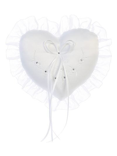 Heart-shaped wedding ring pillow satin with ruffle trim, ribbon bow, and delicate embroidery, perfect for wedding ceremonies.