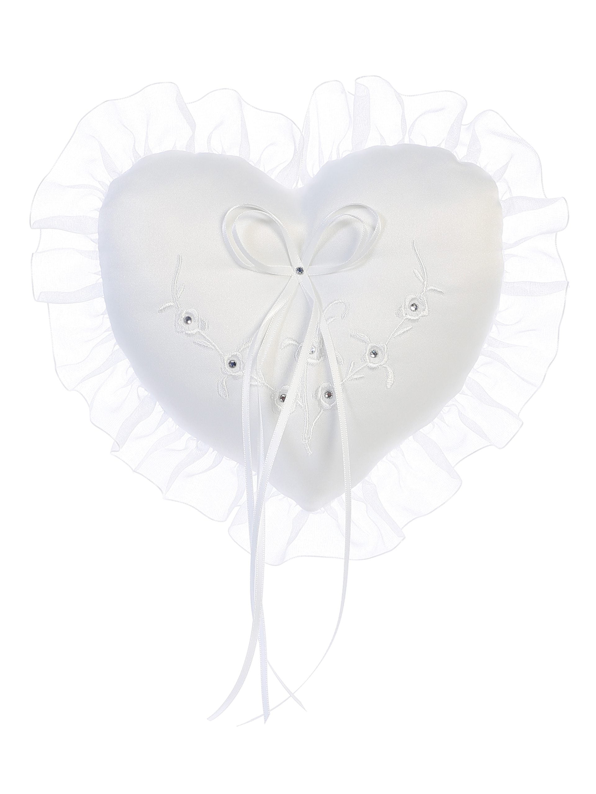 212 Heart-shaped wedding ring pillow satin with ruffle trim, ribbon bow, and delicate embroidery, perfect for wedding ceremonies.
