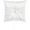 MELANIE 1 Elegant wedding ring pillow white satin with lace, ribbon bow, and crystal bead accents, perfect for ceremonies.