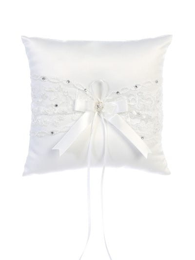 Elegant wedding ring pillow white satin with lace, ribbon bow, and crystal bead accents, perfect for ceremonies.