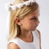 DANA 1 Girls Communion Flower Crown with white flowers, crystals, and ribbon bow.