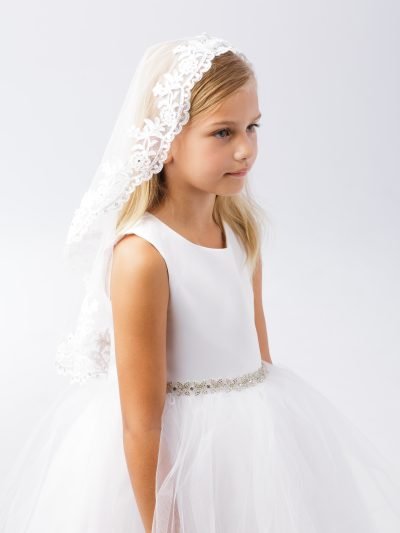 lace trim communion veil for kids with embroidered lace trim