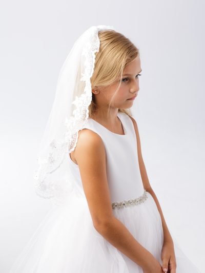 flower girl lace edge communion veil with embroidered trim for kids
