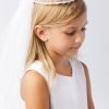 Girls communion veil tiara with white satin accents.