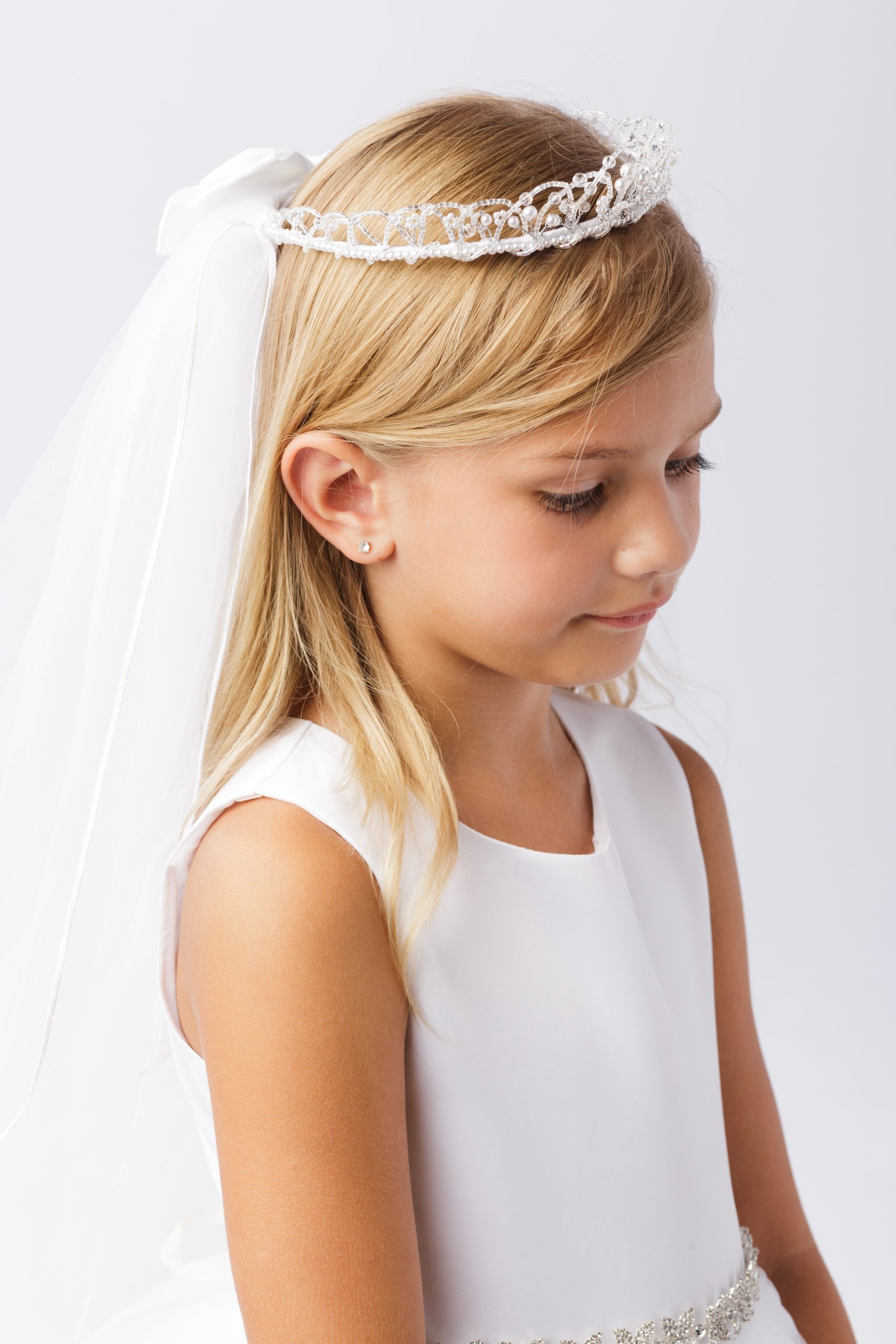 705 Girls communion veil tiara with white satin accents.