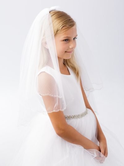 simple flower girl communion veil with scalloped embroidered trim for weddings and first communion