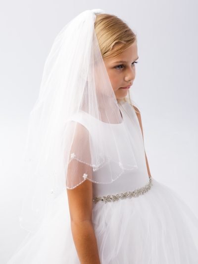flower girl wedding veil for kids with scalloped edge and floral accents