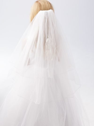 Girls communion veil virgin mary embroidered design.