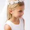 Girls communion veil pearl flower crown with white floral details.