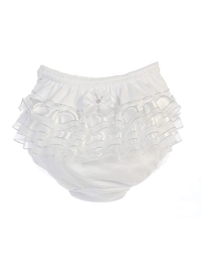 Elegant Baby Undergarment featuring soft satin ruffles and a delicate bow accent