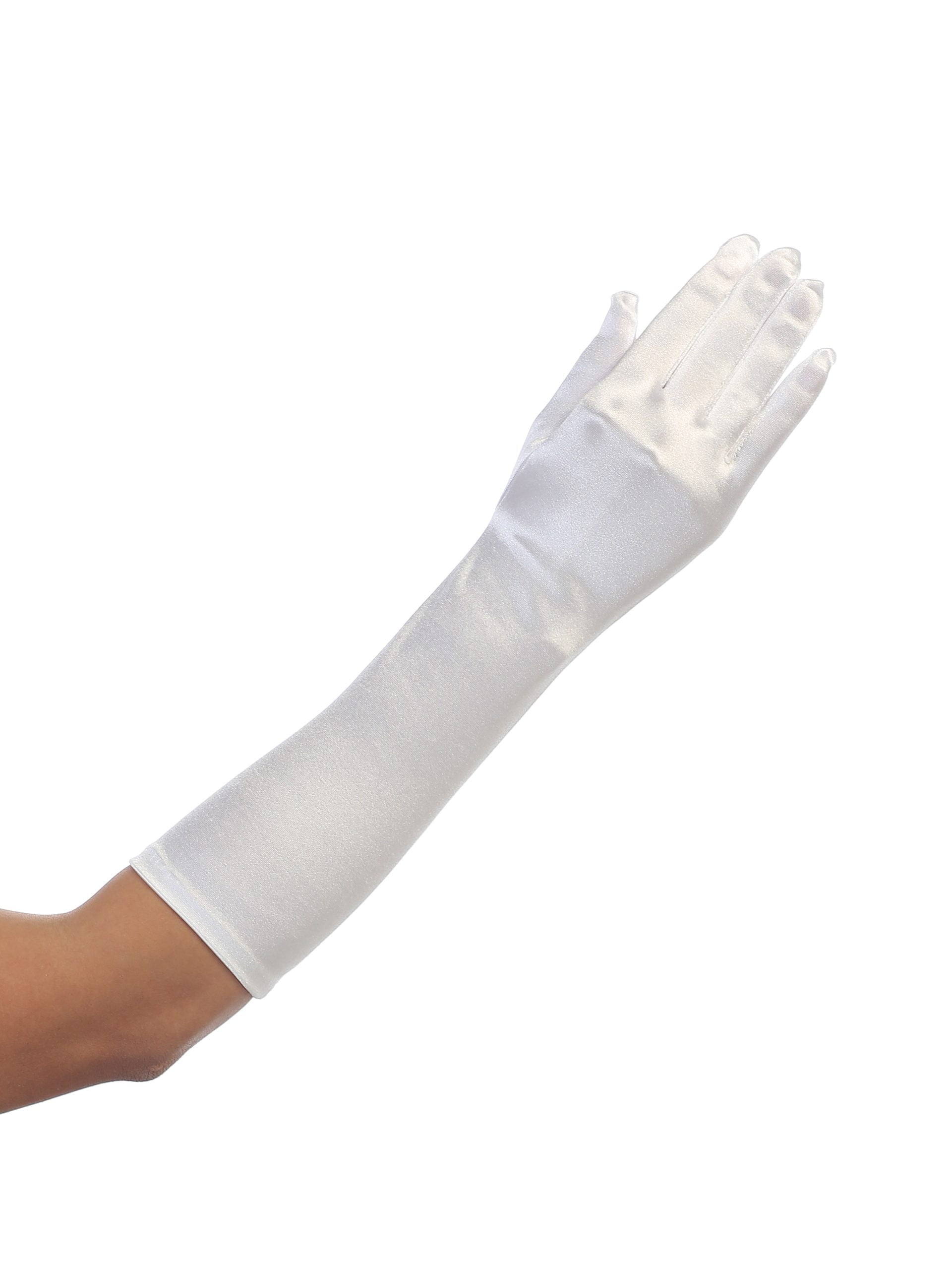 8BL Elegant girls satin gloves for communion in long white design, perfect for weddings or formal occasions.