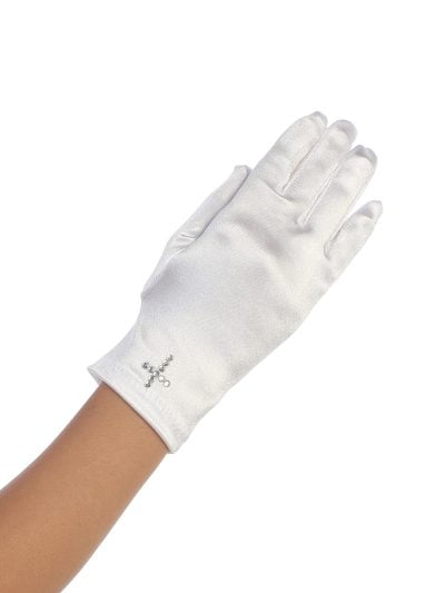 Elegant white satin girls gloves with a rhinestone cross detail, perfect for communion and church ceremonies.