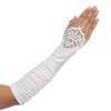 ISLA 1 Elegant long girls lace satin gloves with beaded embroidery and finger loop, perfect for weddings or communions.