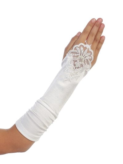 Long girls gloves in white satin with lace and beaded details, perfect for communion, weddings, or formal occasions.