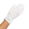 Simple and elegant girls gloves in white with an organza bow and pearl accent, perfect for communion or weddings.