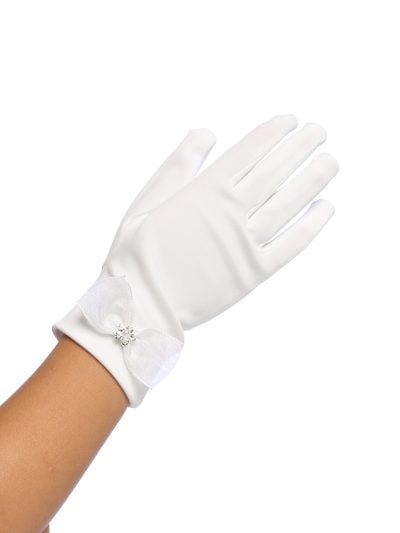 Simple and elegant girls gloves in white with an organza bow and pearl accent, perfect for communion or weddings.