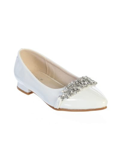 Ivory flower girl crystal flats with a sparkling jeweled accent and glossy patent finish