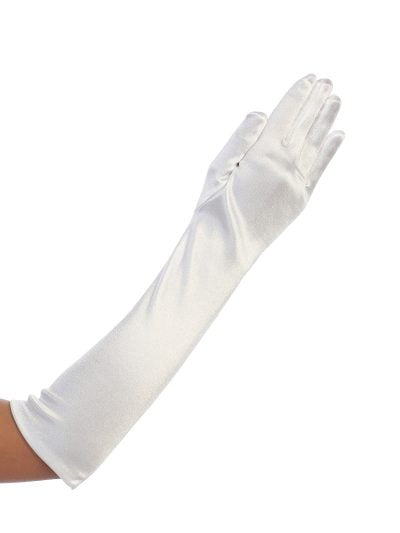 Classic long girls gloves in white satin, perfect for communion, weddings, or formal occasions.