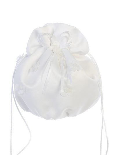 Wedding satin drawstring bag with floral embroidery and ribbon bow, perfect as a bridal pouch or ceremony accessory.