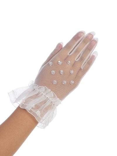 Delicate girls gloves in white mesh with bead accents and a ruffle cuff, perfect for communion or flower girl dresses.