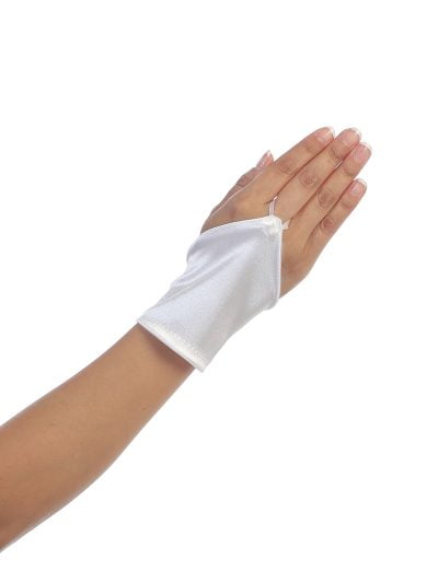 White satin fingerless girls gloves with a simple design, perfect for communion, weddings, or party dresses.
