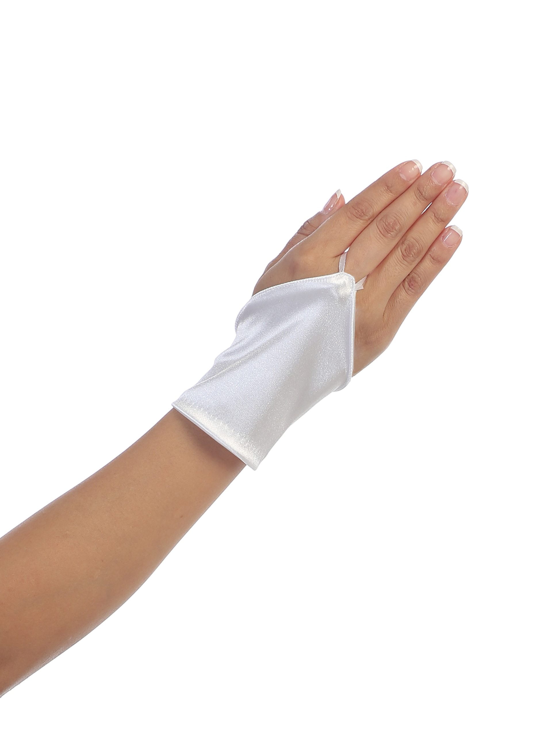 f2bl White satin fingerless girls gloves with a simple design, perfect for communion, weddings, or party dresses.