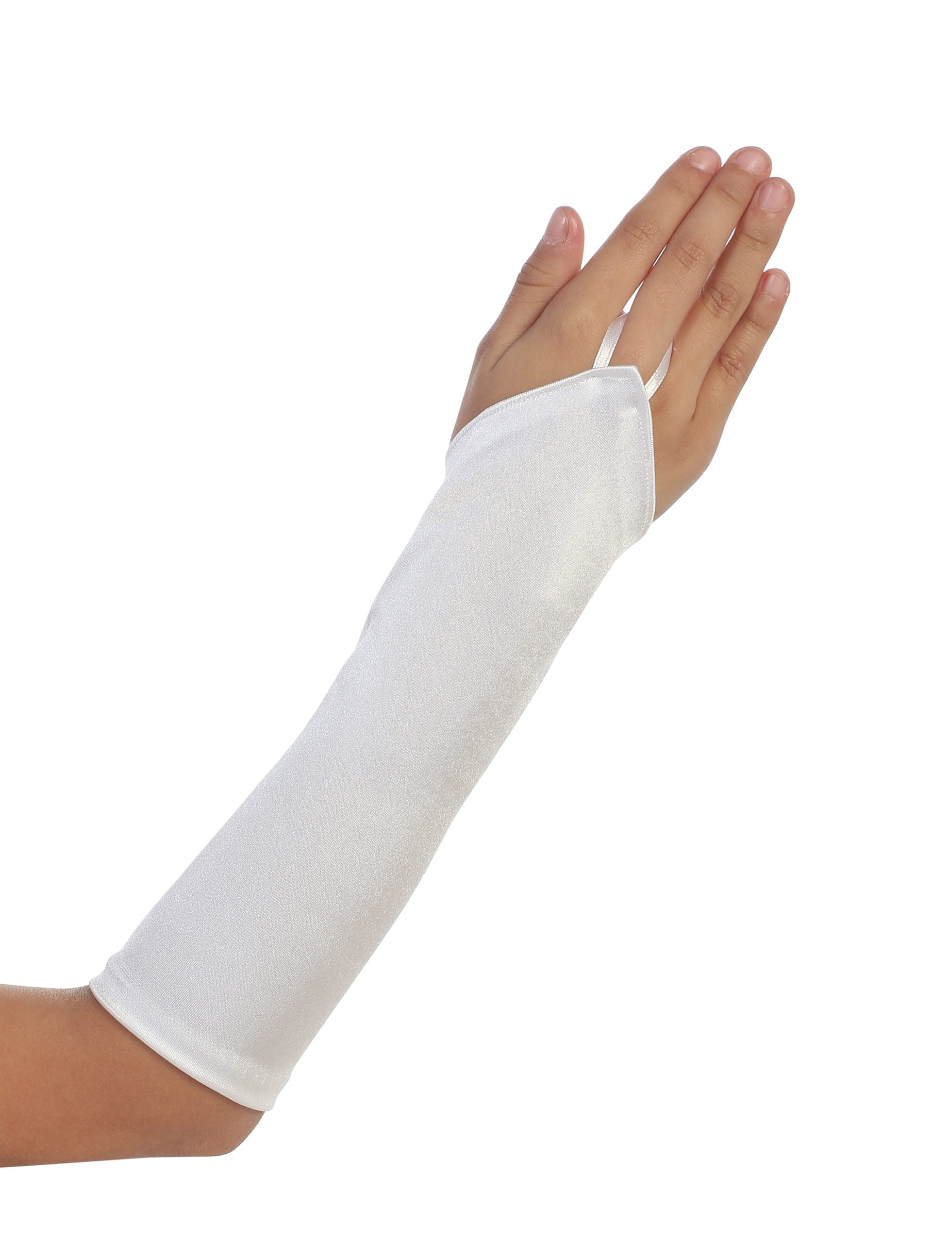 f8bl Long white satin fingerless girls gloves with a loop design, perfect for communion, weddings, or formal dresses.