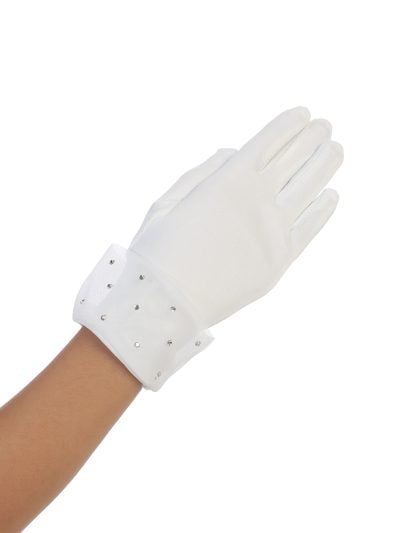 Elegant girls gloves in white satin with a sheer rhinestone cuff, perfect for communion, weddings, or flower girl dresses.