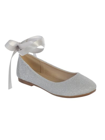 Elegant Silver Ribbon Flats with soft glitter finish and satin ankle ribbon tie