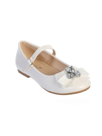 Ivory flower girl flats with satin bow and sparkling crystal accents