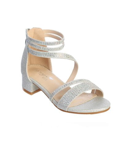 Elegant silver sandals with shimmering crystal straps and low block heel