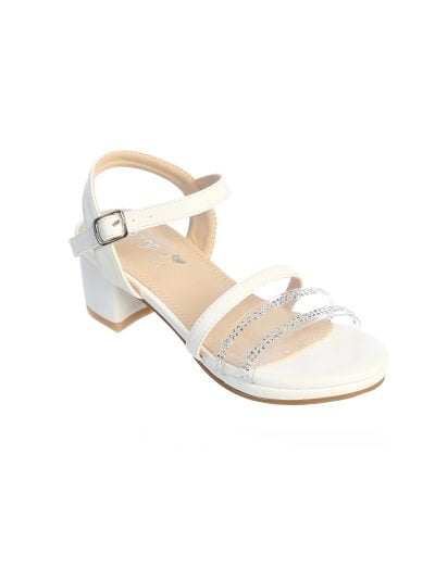 Elegant ivory strap sandals with sparkling crystal accents and low block heel